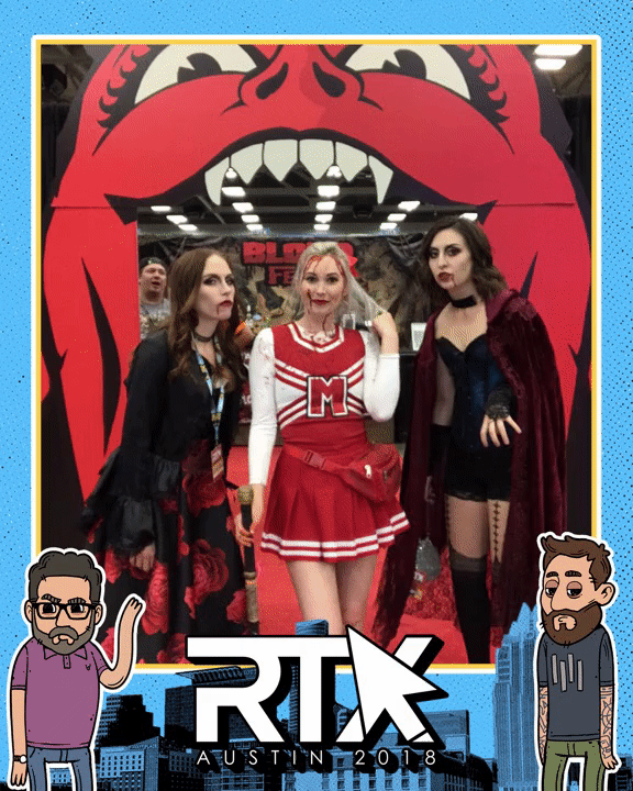 Three costumed women pose for a GIF in a photo booth at RTX Austin