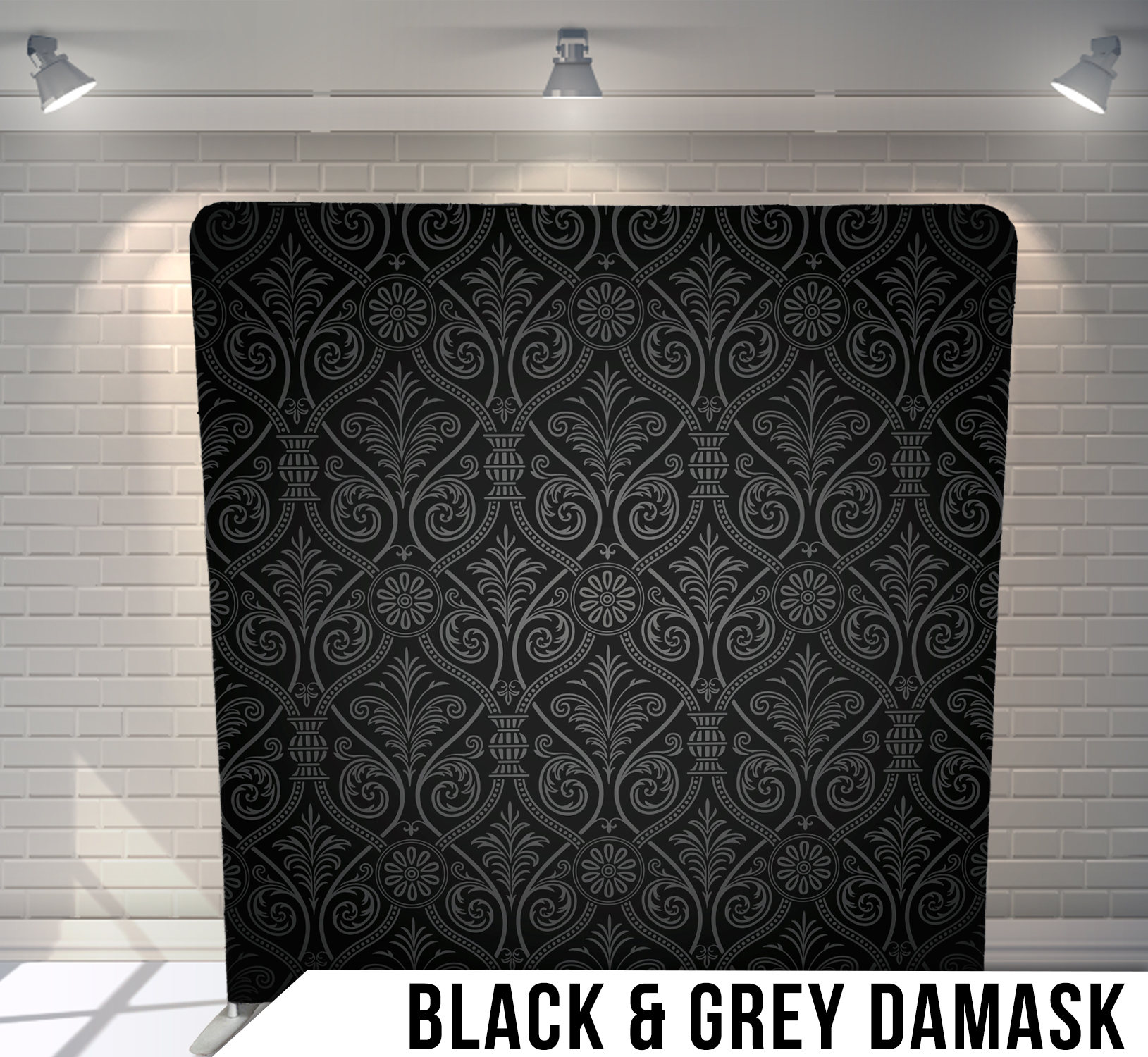 Black & Grey Damask backdrop on backdrop stand